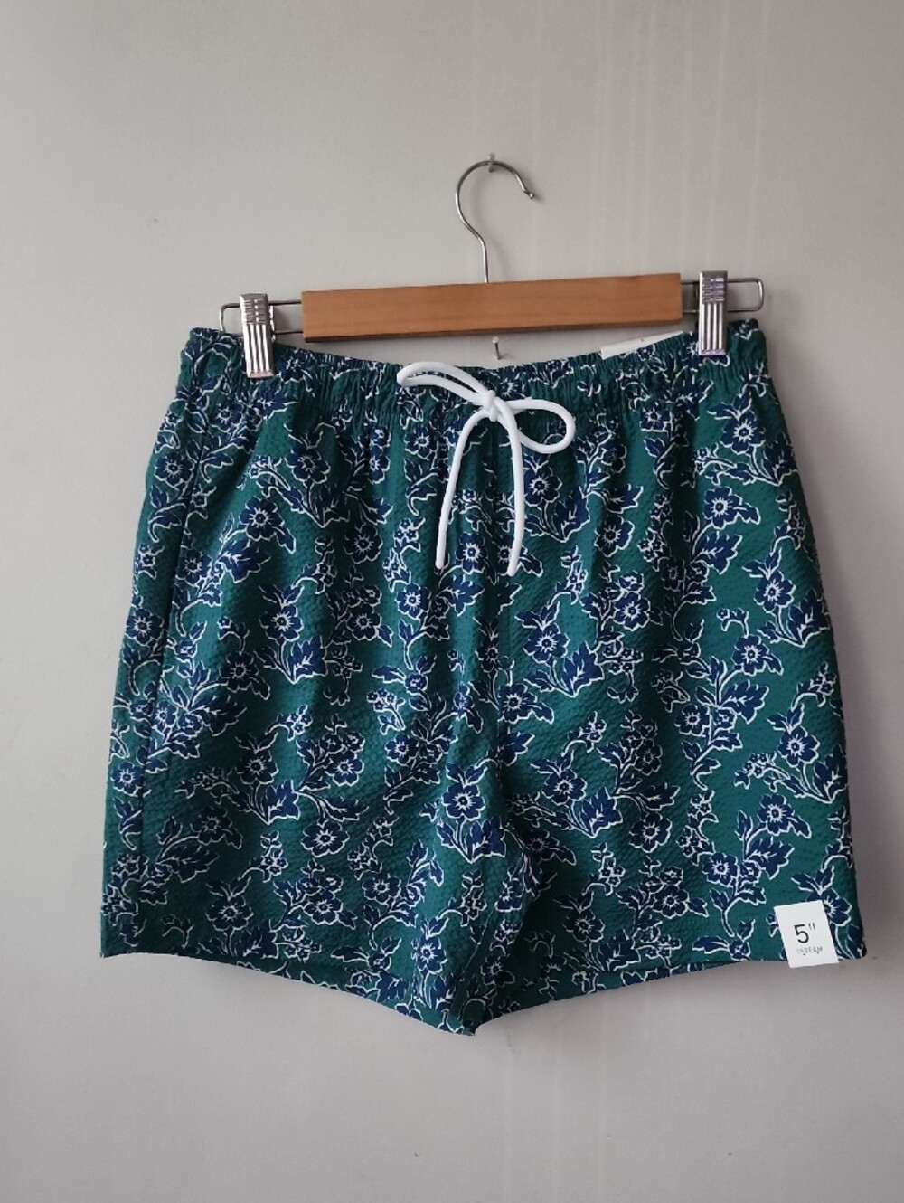 Men's Teal Floral Swim Trunks with White Drawstring - Picture 2 of 12